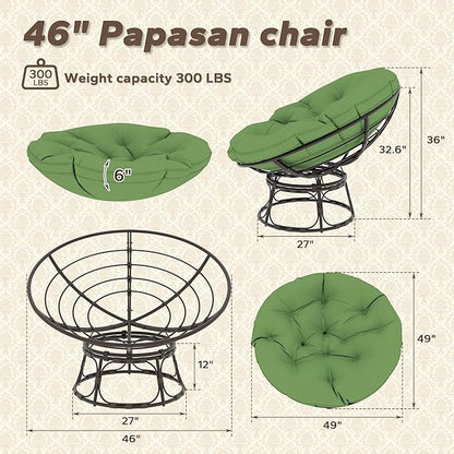 46'' Large Size Papasan Chair with Cushion and Frame, Lazy Chair for Living Room and Bedroom, Green