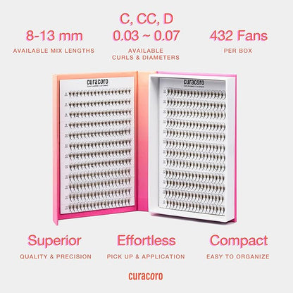 Curacoro LashFolio Narrow Wispy Fans, Handmade Volume Eyelashes, 5D To 10D, C CC D Curl, 0.03~0.07 mm, 8-13mm Mix Length, Professional Long-Lasting Promade Lash Fans (7D-0.05 C 8mm-13mm)