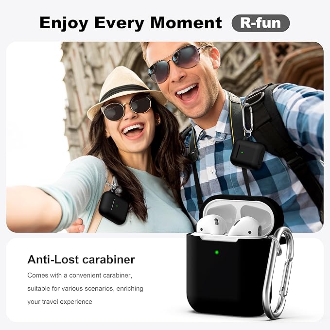 R-fun Compatible with AirPods Case Cover, Soft Silicone Protective Cover with Keychain for Women Men Compatible with Apple AirPods 2nd 1st Generation Charging Case, Front LED Visible,Black