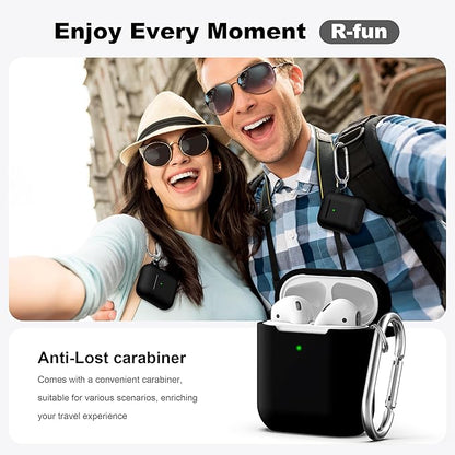 R-fun Compatible with AirPods Case Cover, Soft Silicone Protective Cover with Keychain for Women Men Compatible with Apple AirPods 2nd 1st Generation Charging Case, Front LED Visible,Black