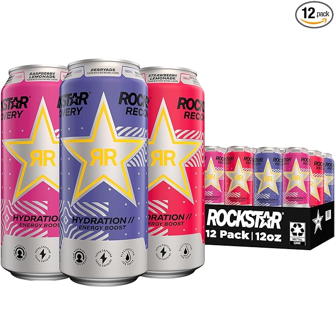 Rockstar Recovery Non-Carbonated Energy Drink, 3 Flavor Variety Pack (Raspberry Lemonade, Berryade, Strawberry Lemonade), 16 Fl Oz Cans (12 Pack), 160mg Caffeine, B Vitamins, Electrolytes