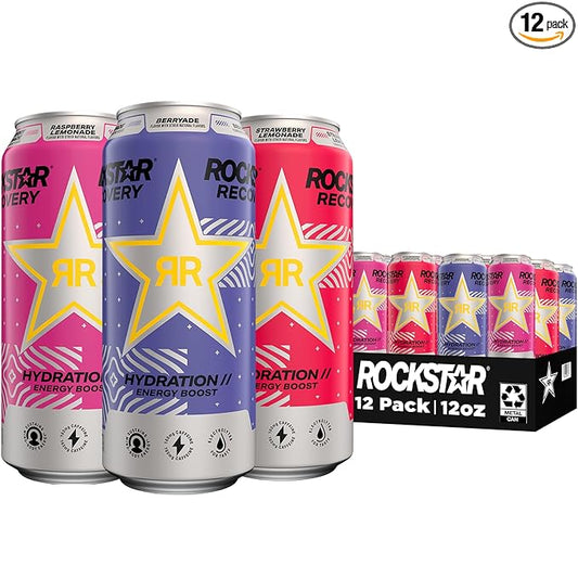 Rockstar Recovery Non-Carbonated Energy Drink, 3 Flavor Variety Pack (Raspberry Lemonade, Berryade, Strawberry Lemonade), 16 Fl Oz Cans (12 Pack), 160mg Caffeine, B Vitamins, Electrolytes
