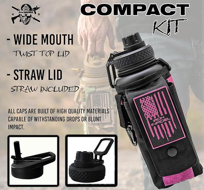 Iron Infidel Battle Bottle - 32 Oz Insulated Water Bottle with Straw Lid & Chug Cap, Stainless Steel Metal Flask Includes Rugged, Removable Sleeve for Keys, Wallet, & Phone (Valkyrie 1 Liter)