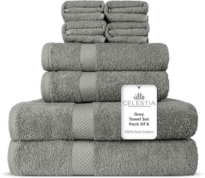 100% Combed Cotton Bathroom Towel Set of 8- 2 Bath Towels, 2 Hand Towels, 4 Wash Cloths, Sustainable, Soft, Highly Absorbent 8 Piece Cotton Bath Towel Set Ideal for Hotels, Spa, Bathroom, Dorm, Grey