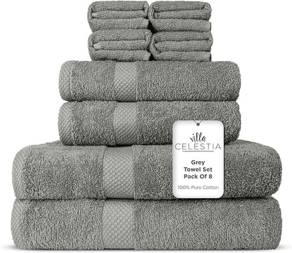 100% Combed Cotton Bathroom Towel Set of 8- 2 Bath Towels, 2 Hand Towels, 4 Wash Cloths, Sustainable, Soft, Highly Absorbent 8 Piece Cotton Bath Towel Set Ideal for Hotels, Spa, Bathroom, Dorm, Grey