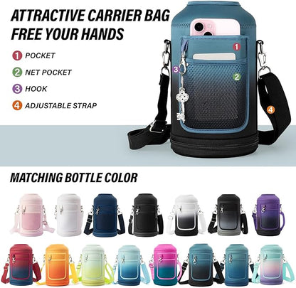 Insulated Water Bottle | Thickened Stainless Steel Vacuum Metal | Portable Sports Half Gallon Large Water Jug for Gym and Hiking with Straw, Carrier Bag, Handle Strap | BPA-Free 64 oz