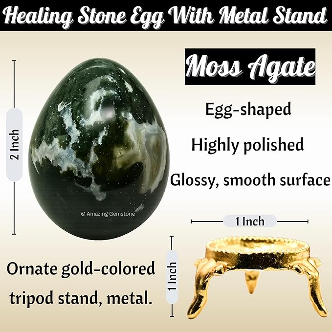 Amazing Gemstone Moss Agate Crystal Yoni Egg, 2 Inches - Premium Crystals and Healing Stones Yoni Egg for Pelvic Floor Health, Natural Healing Crystal Eggs for Meditation and Stress Relief