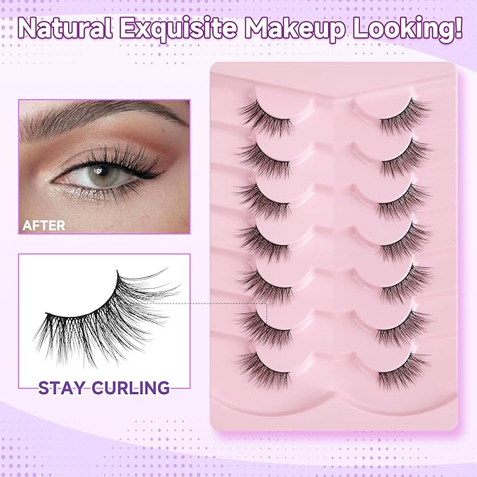 Half Eyelashes Natural Look False Eyelashes Half Lashes Cat Eye 14mm Wispy Lash Strips with Thin Band 3D Volume False Lashes Soft C Curl Natural Eyelash Fake Lash 7 Pair EVENTILL