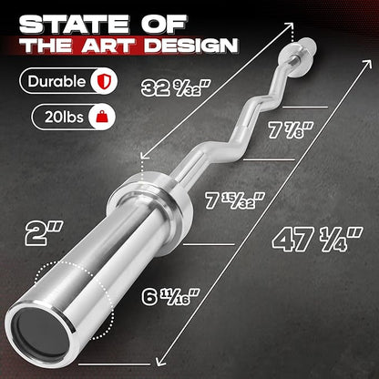 Yes4All Olympic EZ Curl Barbell, 47" Curl Bar 2" Diameter With Spring Collars For Weight Training