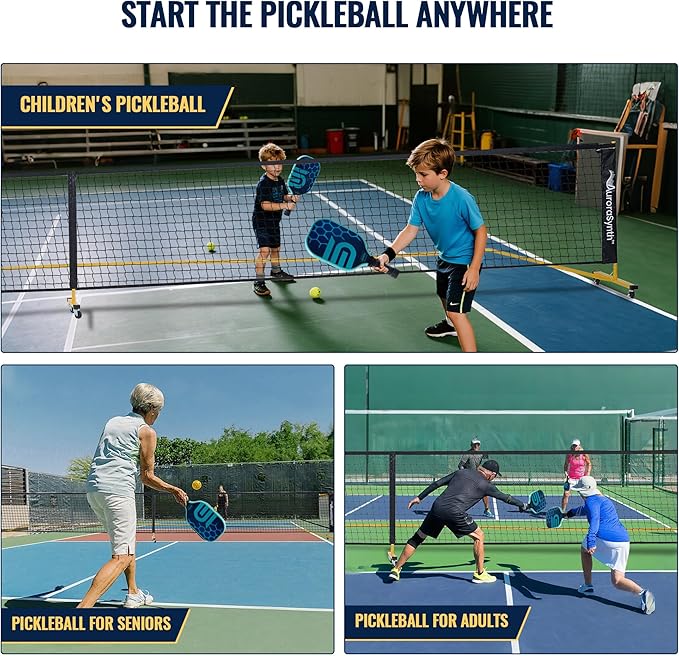 AuroraSynth Portable Pickleball Net Set with Wheels, 22 x 3ft Regulation Size Pickle Ball Net with Ball Collector, 4 Pickle Balls, 4 Pickleball Paddles, Carry Bag for Backyards, Driveway, Garage