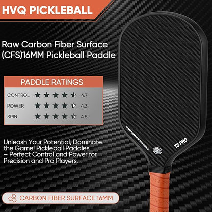 Pickleball Paddle - 3K Raw Carbon Fiber Surface (CFS) + Carbon Abrasion Surface (CAS) with High Grit & Spin, Sure-Grip Elongated Handle, Pickle Ball Paddle with 16mm Polypropylene Honeycomb Core