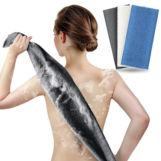 ARCH&M Exfoliating Back Scrubber & Body Washcloth (3 Pack), 35-Inch Japanese Exfoliation Towel for Shower, Deep Cleansing Nylon Beauty Cloth for Smooth Skin (Black Off-White Navy-Blue)