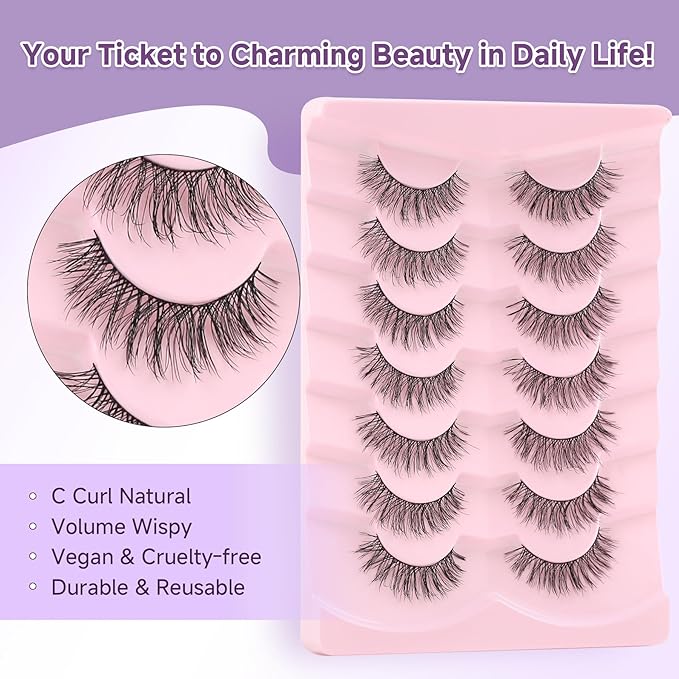 Natural Lashes False Eyelashes 14mm Strip Eyelashes Soft Wispy Lashes Thin Memory Band Volume Eye Lashes Pack C Curl Natural Eyelashes Fake Lashes 7 Pair EVENTILL