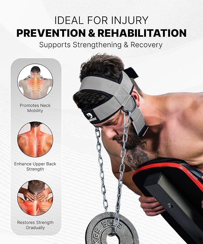 DMoose Fitness Neck Harness for Weight Lifting - Soft Padded Head & Chin Strap with 30" Heavy Duty Steel Chain - Neck Exerciser, Trainer & Strengthener to Support Injury Recovery and Intense Workouts
