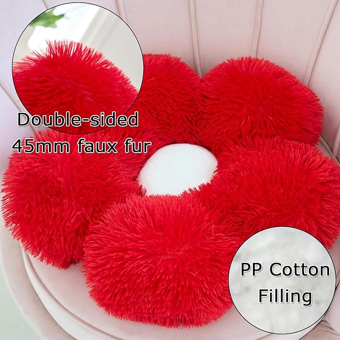 MorroMorn Flower Pillow Shaped Throw Pillows, 20" Floor Pillow Butt Cushion - Fluffy Shaggy Daisy Floral Decorative Pillows for Bed Couch Sofa Chair Cute Plush Faux Fur Room Decor (Red)