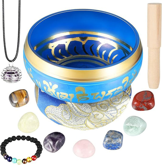 BBTO Tibetan Singing Bowls Set for Healing 3.4'' Meditation Sound Bath Bowl 7 pcs Chakra Crystal Stones Mallet Cushion Chakra Bracelet Pendant(Blue)