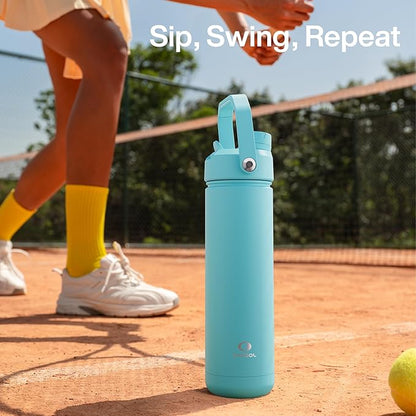 Insulated Water Bottle with Straw - Encool Stainless Steel Water Bottle, Leak-Proof, BPA-Free, Double Wall Vacuum Keeps Cold for 24 Hours for Sports, Travel, School (18 oz, Aquamarine Blue)