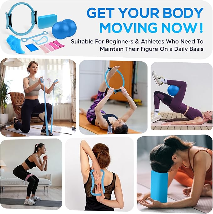 Pilates Ring Essentials Kit for Women,Home Fitness Equipment Sets with 12''Pilates Ring,2 Pilates Ball,Yoga Brick,Elastic Band & Other Accessories Suitable for Exercise & Shape Up-13PCS