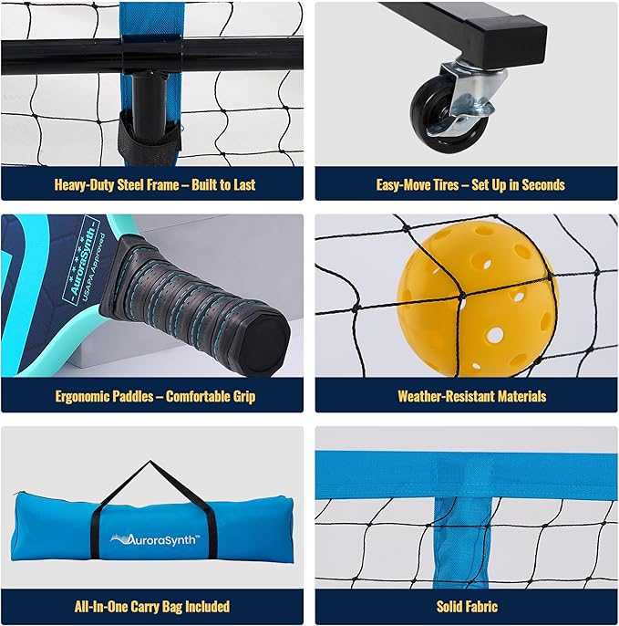 AuroraSynth Portable Pickleball Net Set with Wheels, 22 x 3ft Regulation Size Pickle Ball Net with Ball Collector, 4 Pickle Balls, 4 Pickleball Paddles, Carry Bag for Backyards, Driveway, Garage
