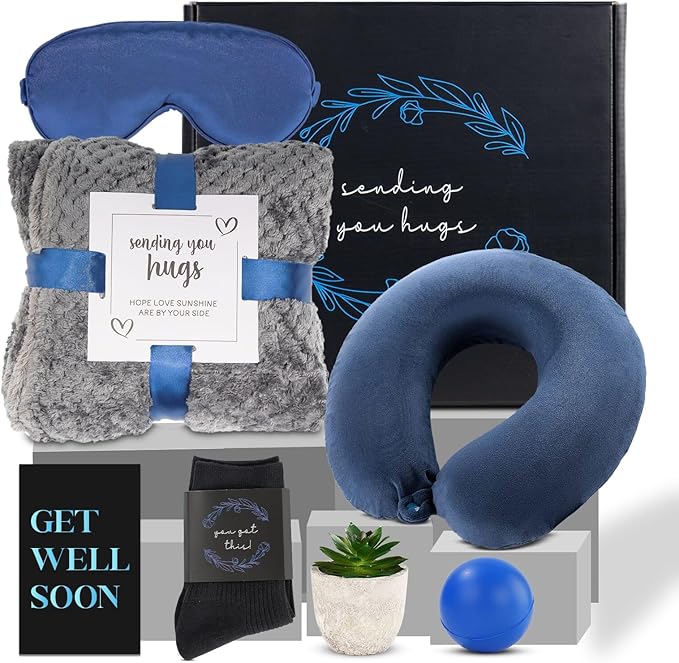 Get Well Gifts For Men,Care Package For Men With Cozy Blanket|Memory Foam Pillow|Stress Ball|Socks|Eye Mask|Thinking Of You Greeting Card|Little Plant,Get Well Soon Gift Basket for Dad|Husband|Brother