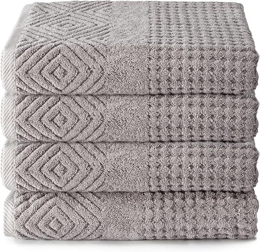 Texere 100% Organic Cotton Diamond Jacquard 700 GSM Luxury Bath Towel Sets - Ultra Soft and Absorbent Hotel and Spa Quality (Diamond, Cathedral Gray, 4 Bath Towels)