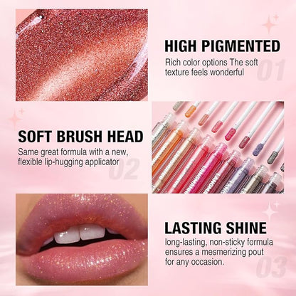 LANGMANNI 6 Colors Diamond Glitter Lip Gloss Set,Long Lasting High Shine Shimmer Liquid Lipstick Set,Hydrating,Moisturizing Lip Gloss Kit Gift Makeup For Girls(#01+02+03+04+05+06)