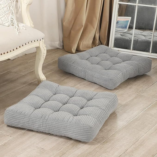 22 inches Meditation Pillow, 2 Pack Square Large Floor Cushions for Adults, Thick Corduroy Floor Pillows for Sitting, Yoga, Living Room, Sofa, Tatami, LightGrey