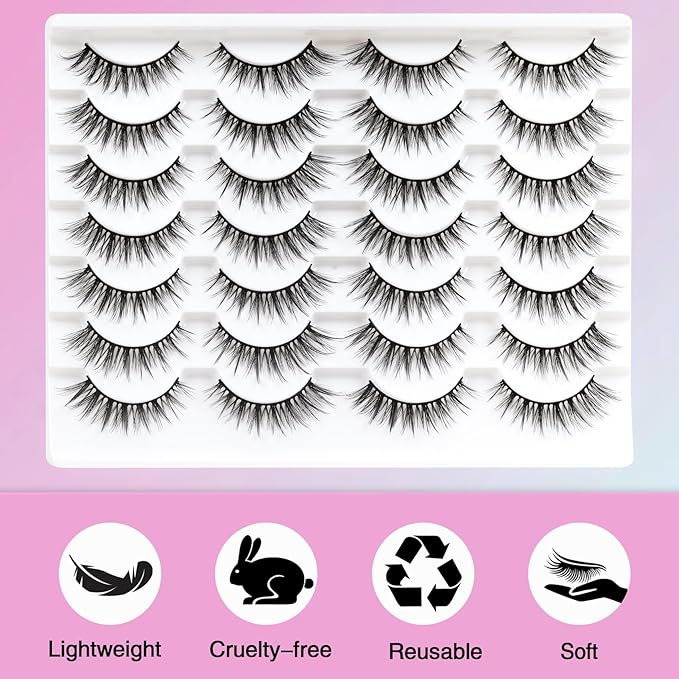 Losha Lashes Wispy False Lashes 14 Pairs Natural Fake Eyelashes Lightweight Soft False Eyelashes Fluffy Faux Mink Lashes Pack (G2-M)