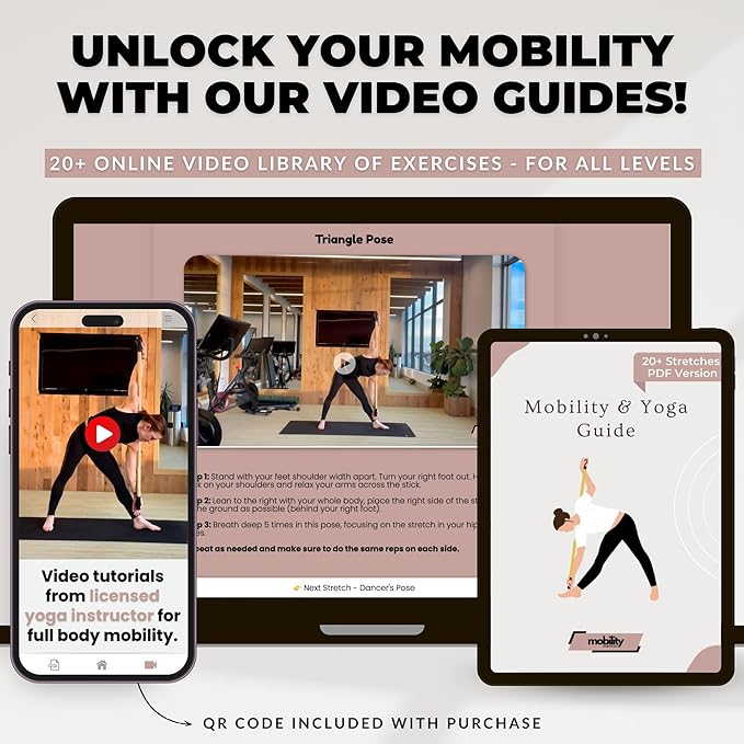 Yoga Stick Made from Natural Bamboo - 5ft Stretching Stick for All Fitness Levels - Stretch Stick with Non-Slip Handles for Mobility, Balance & Physical Therapy - Access 20+ Online Video & PDF Guides