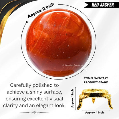 Amazing Gemstone Red Jasper Crystal Ball with Stand - 2 Inches Crystal Sphere Meditation Balls for Witchcraft and Decorative Balls