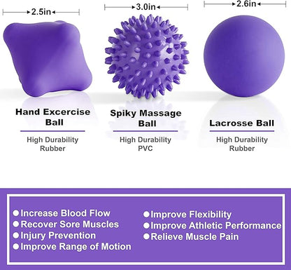 Posture Magic Massage Ball Kit for Myofascial Trigger Point Release & Deep Tissue Massage - Set of 6 - Large Foam/Small Foam/Lacrosse/Peanut/Spiky/Hand Exercise Ball (Purple)