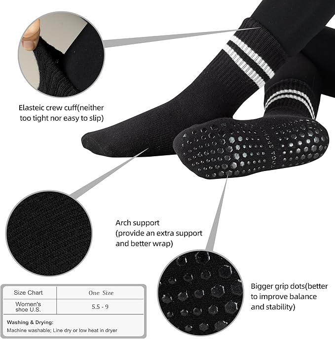 Raylarnia Tall Pilates Socks with Grips for Women, Yoga Crew Non-Slip, Grippy Ankle Barre Sock, Hospital Sticky Socks 5 Pairs