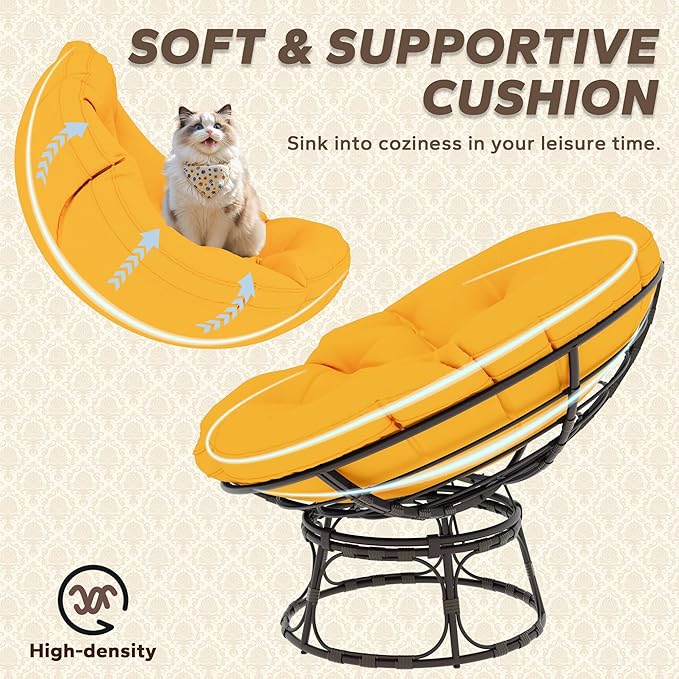 46'' Large Size Papasan Chair with Cushion and Frame, Overstuffed Thickened Lazy Chair, Mustard Yellow
