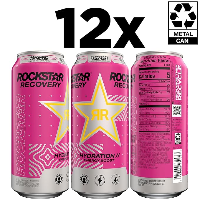 Rockstar Recovery Non-Carbonated Energy Drink, Raspberry Lemonade, 16 fl oz Cans, (12 Pack), Hydration // Mind-Body Energy, 160mg Caffeine, B Vitamins, Electrolytes