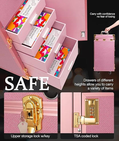 Icoget Portable Nail Table, Rolling Manicure Table w/3 Color Light and Speaker, Portable Nail Tech Desk, Foldable Nail Travel Case for Nail Tech w/Wheel, Colorful Pink