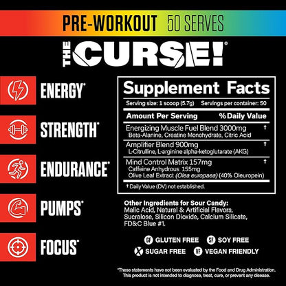 JNX SPORTS The Curse! Pre Workout Powder for Men & Women, Caffeine, Beta-Alanine, Creatine, L-Citrulline, 50 Servings, Sour Candy Flavor – Boost Energy, Strength & Focus