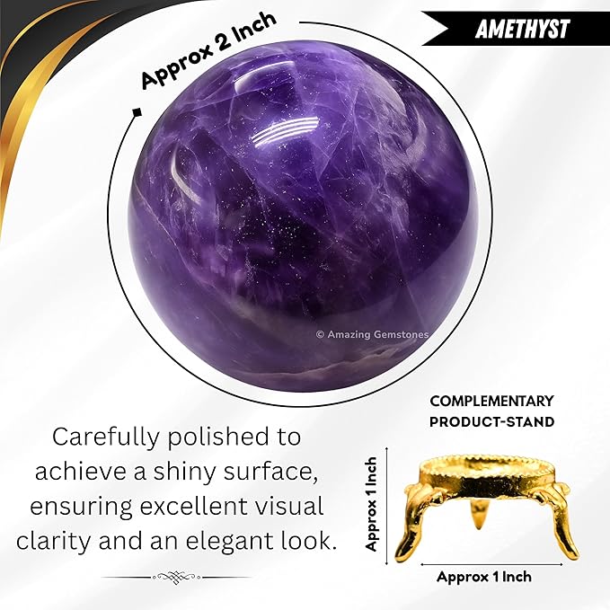 Amazing Gemstone Amethyst Crystal Ball with Stand - 2" Inches Crystal Sphere Meditation Balls for Witchcraft and Decorative Balls