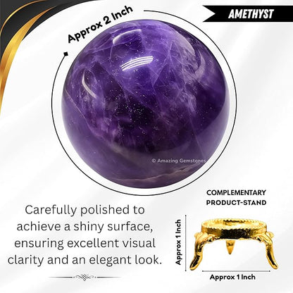 Amazing Gemstone Amethyst Crystal Ball with Stand - 2" Inches Crystal Sphere Meditation Balls for Witchcraft and Decorative Balls