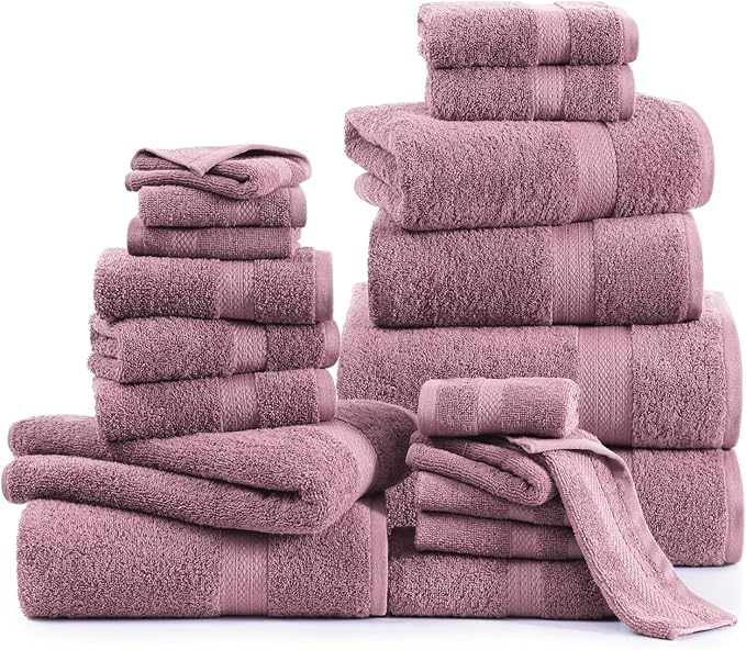 LANE LINEN 100% Cotton Bathroom Towels Set - 24 Pc - Ringspun, Quick Dry, Soft & Absorbent - 2 Bath Sheets, 4 Bath, 6 Hand Towels, 8 Washcloths, 4 Fingertip - Medium GSM, Regular Use - Wistful Mauve