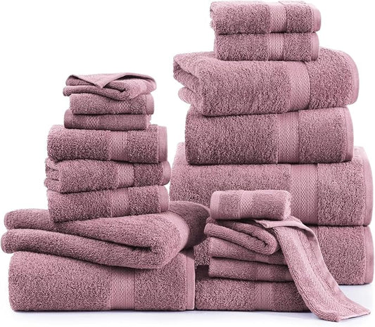 LANE LINEN 100% Cotton Bathroom Towels Set - 24 Pc - Ringspun, Quick Dry, Soft & Absorbent - 2 Bath Sheets, 4 Bath, 6 Hand Towels, 8 Washcloths, 4 Fingertip - Medium GSM, Regular Use - Wistful Mauve