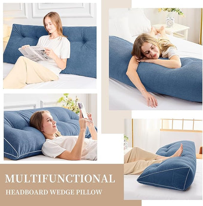 Sasttie Headboard Pillow Full, Wedge Pillow Headboard for Sitting Up in Bed, Back-Rest Support Triangular Cushion for Reading - Features Removable Washable Cover, Blue