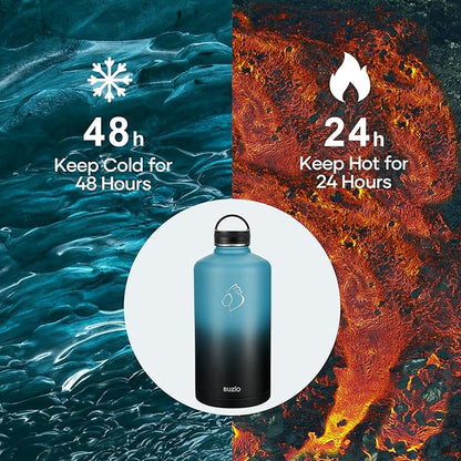 BUZIO Gallon Water Bottle Insulated with straw and 3 lids, 128 oz Water Jug Large Vacuum Stainless Steel Metal Flask, Leak Proof & BPA-Free, Cold for 48 Hrs, Indigo Crush