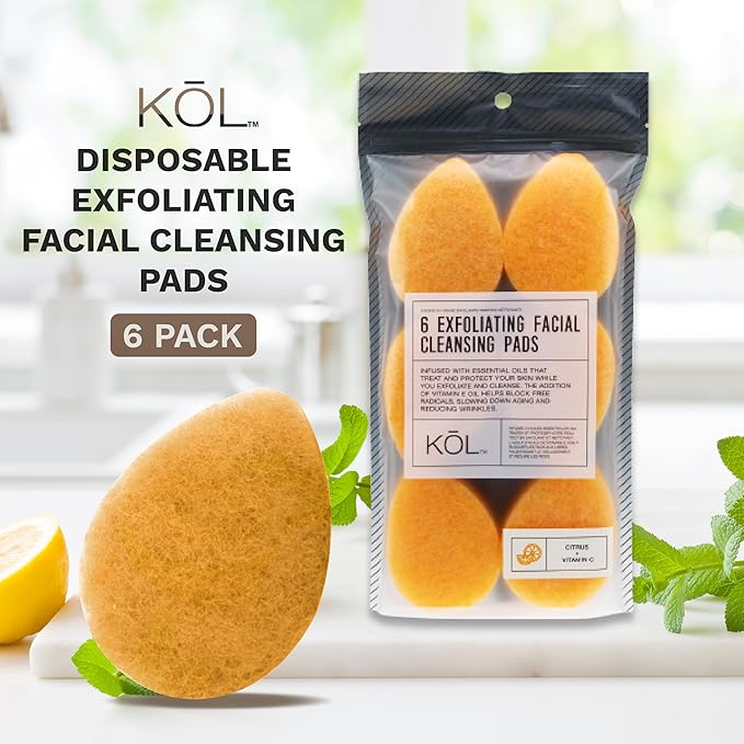 KOL Face Scrubber, Citrus and Vitamin C Infused Exfoliating Facial Cleansing Pads, Disposable Exfoliator Face Sponge for Daily Cleaning and Makeup Removal, 6 Count