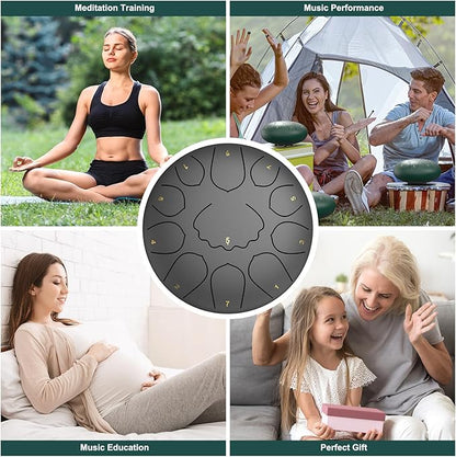 Rain Drum for Outside Garden, 8 Inches 11 Notes Steel Tongue Chakra Drum, Waterproof Meditation Rain Chime, Musical Instruments for Adult Gift with Bag, Music Book, Mallets (Black)