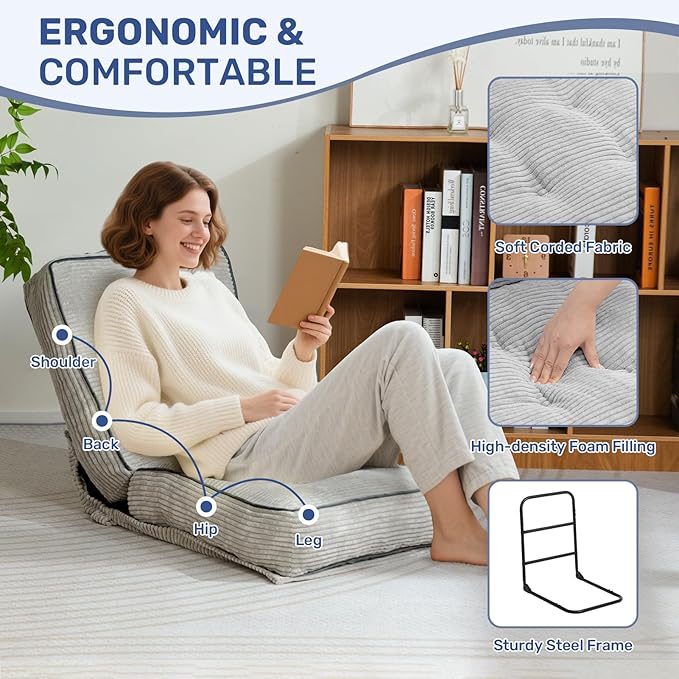 HollyHOME Adjustable Floor Chair with 6 Positions, Folding Lazy Sofa Recliner with Back Support, Thick Sponge Cushion and Portable Handle, Comfy Gaming Meditation Chair for Dorm, Bedroom, Light Grey