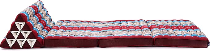 Leewadee 3-Fold Mat XXL with Triangle Cushion – Firm TV Pillow, Foldable Mattress with Cushion Made of Kapok, 67 x 31 inches, Blue Red