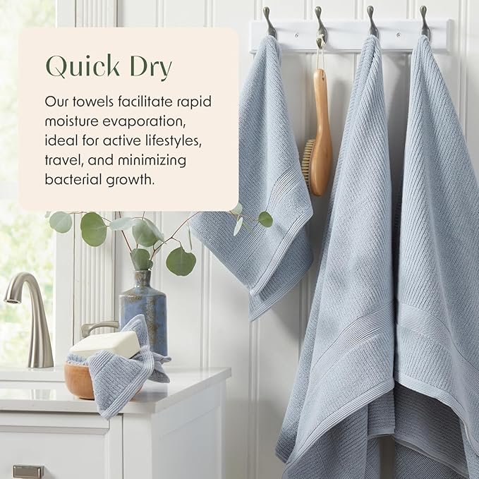 Springtree Home Blue Bath Towels Set of 4 | Ribbed Textured | 100% Combed Cotton | Absorbent Quick-Dry Towels for Bathroom | Oeko-TEX® Standard 100 Cotton | Mauro Collection - Blue Fog
