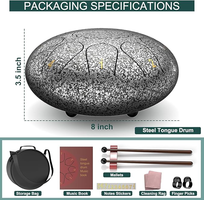 Rain Drum for Outside Garden, 8 Inches 11 Notes Steel Tongue Drum, Waterproof Meditation Rain Chime, Musical Instruments for Adult Gift with Bag, Music Book, Mallets (Star Sliver)