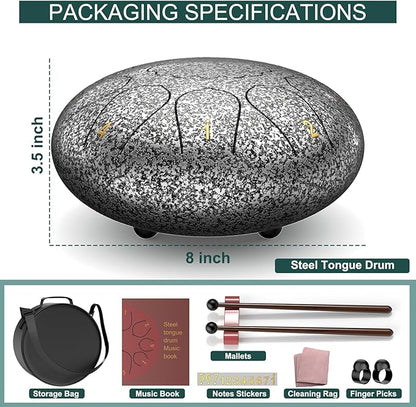 Rain Drum for Outside Garden, 8 Inches 11 Notes Steel Tongue Drum, Waterproof Meditation Rain Chime, Musical Instruments for Adult Gift with Bag, Music Book, Mallets (Star Sliver)