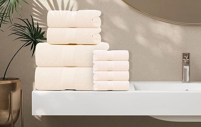 Oakias Premium Towel Set 600 GSM 8 Piece Sea Salt - 100% Ring Spun Cotton Highly Absorbent Towels Set - Super Soft Bathroom Towel Set - Hotel Quality Double Stitched Hem - Ideal for Hotels, Spa, Gyms
